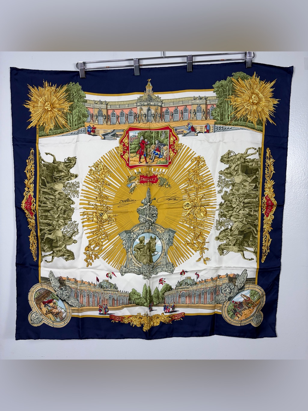 Vintage Herme’s Silk Scarf Palace Scene In Navy, Gold, Cream 34x34